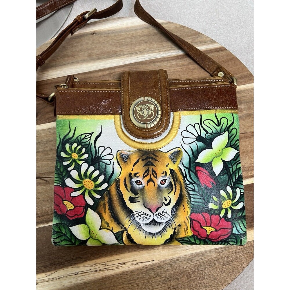 Vtg Sharif New York Hand Painted Leather Purse Crossbody Organizer Tiger Jungle